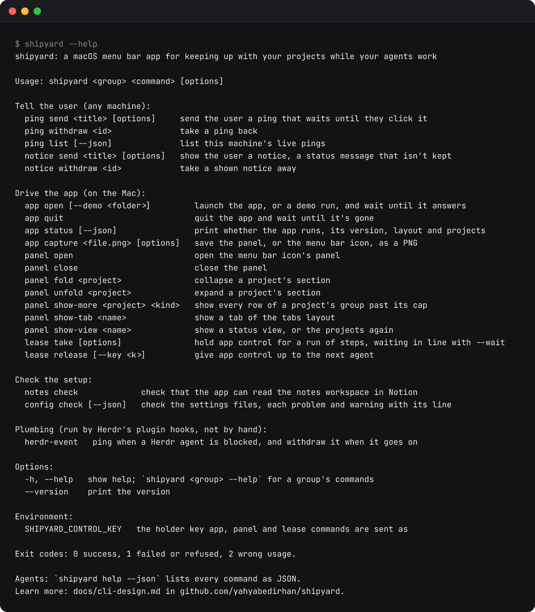 A terminal showing shipyard --help: the command groups and their verbs.