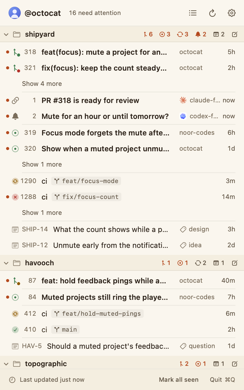 The list layout in the Paper theme: four projects, each with its pull requests, pings, issues and runs, two of each.