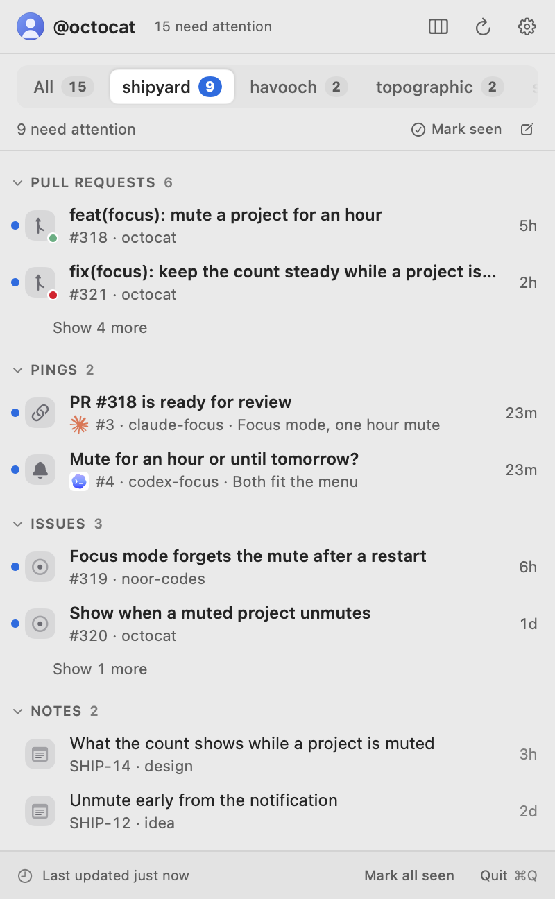 The tabs layout on the shipyard tab, in light: its Notes group from Notion under its pull requests, pings and issues, each note with its number and label.