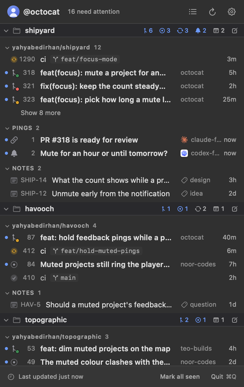 The list layout: every project in one scrolling list under pinned headers, grouped by repository with subheaders, four rows a group.