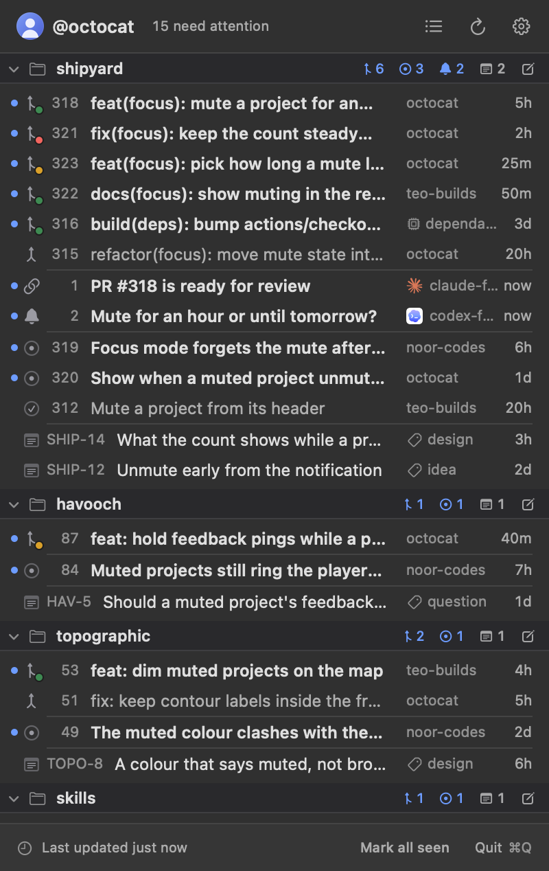 A project with two pings from agents above its pull requests: one with a link, one that focuses a Herdr pane.