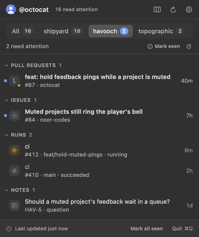 The tabs layout on one project's tab, grouped by kind.