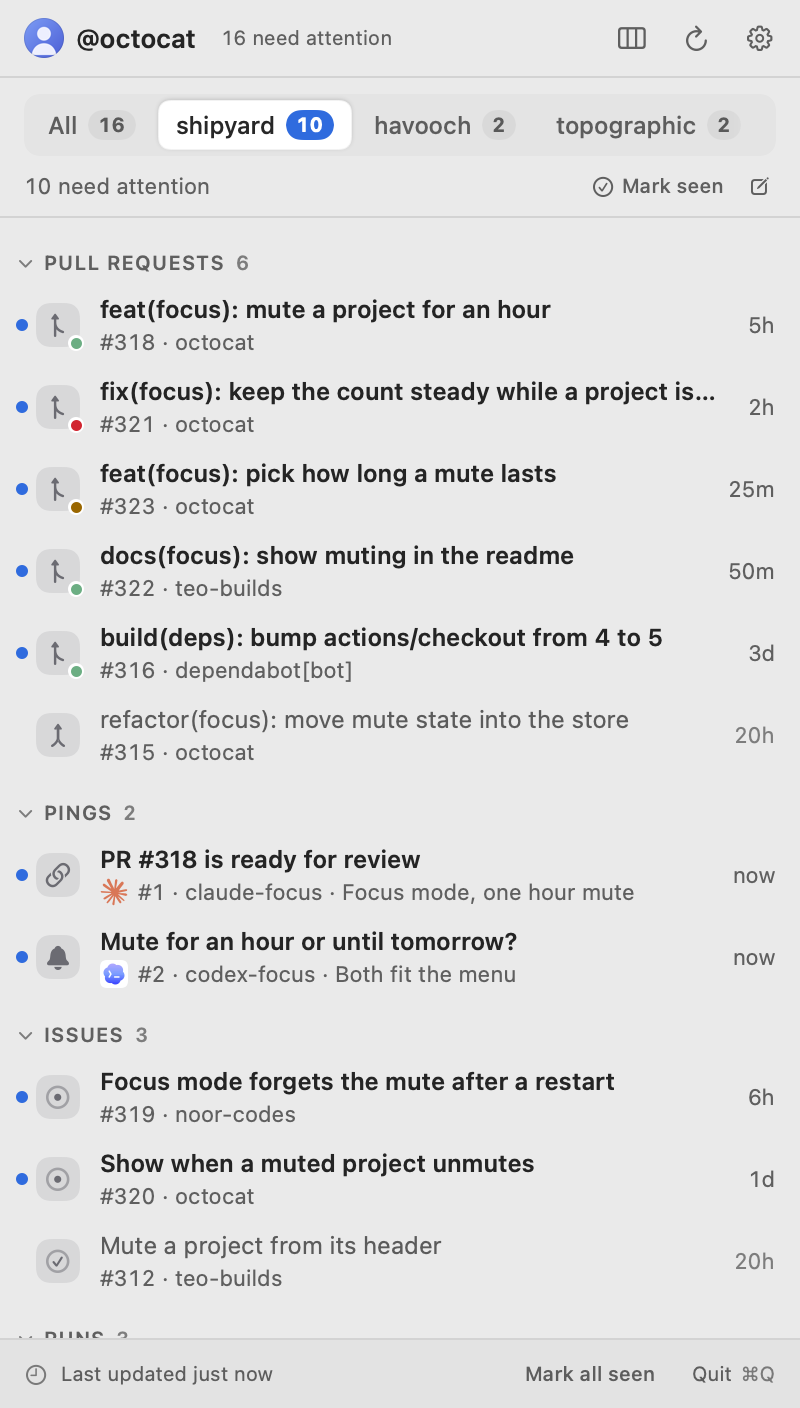 The tabs layout's Pings group on one project's tab, in light: a ping that opens a link and one that focuses a Herdr pane, each with its sender's agent logo.
