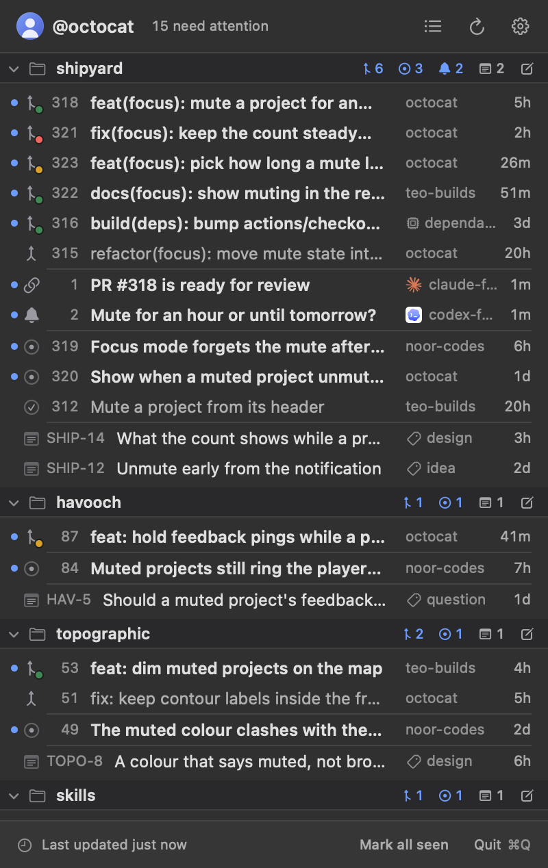 The my-agents preset: one project per repository, pull requests then issues.