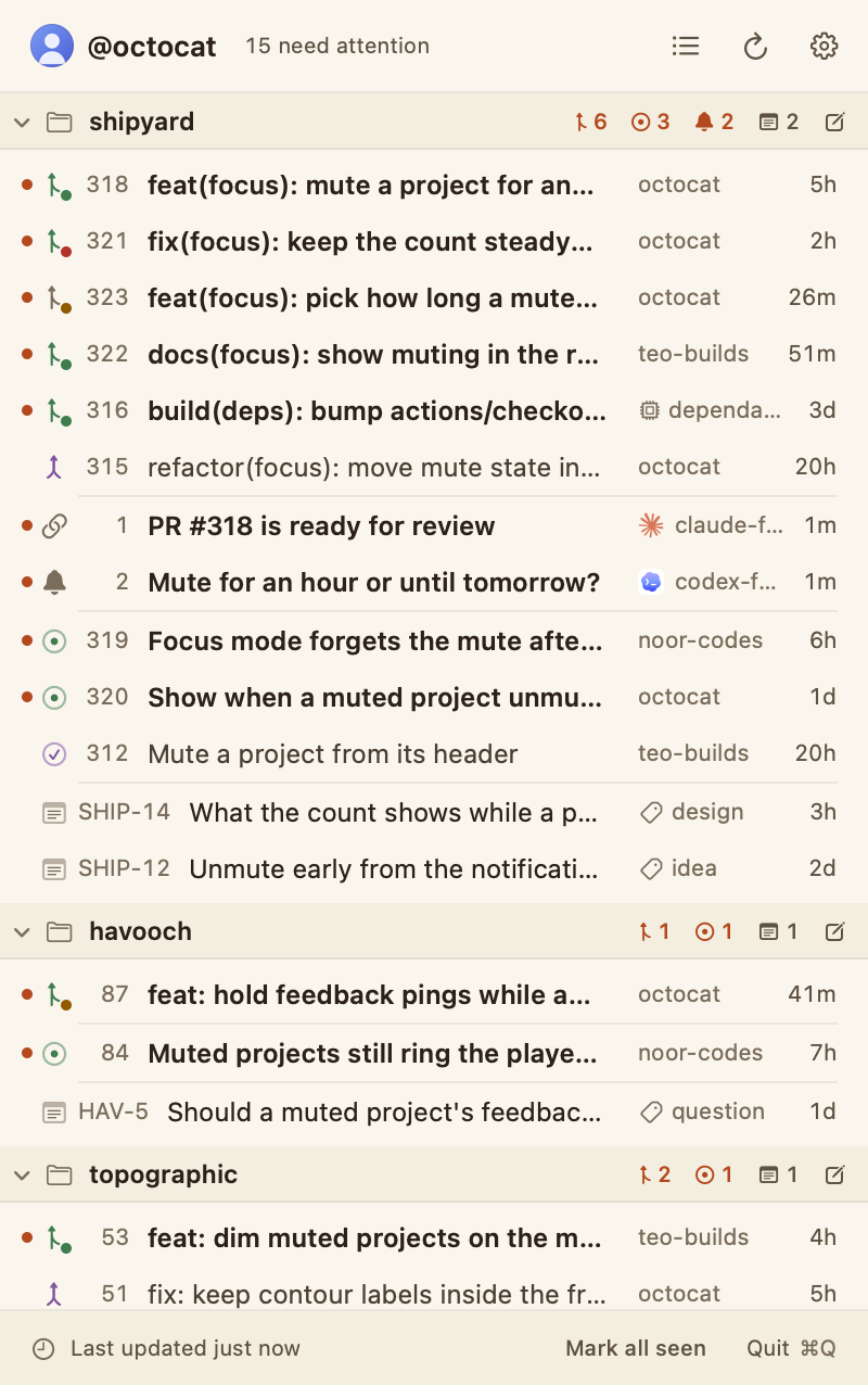 The my-agents preset in the Paper theme: one project per repository, pull requests then issues.