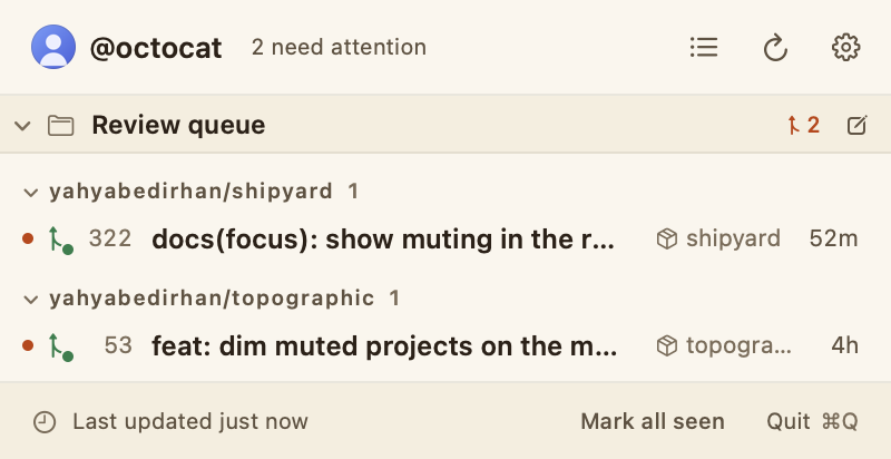 The review-queue preset in the Paper theme: the pull requests waiting on your review, grouped by repository.