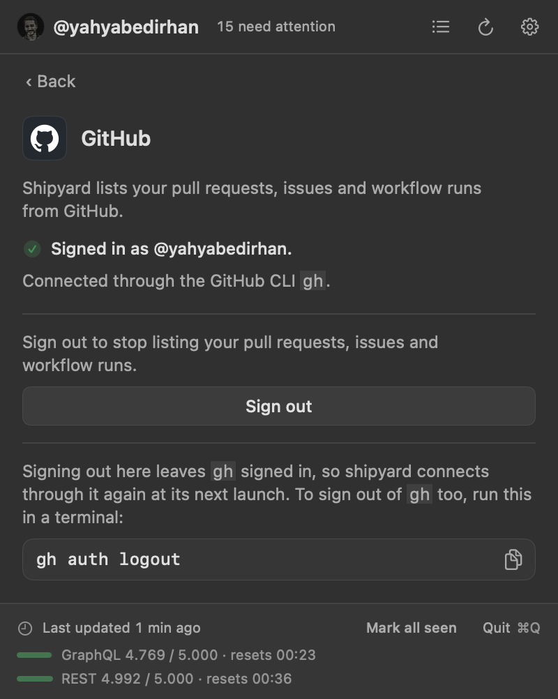 The Set up GitHub status view: the signed-in account and how it connected.