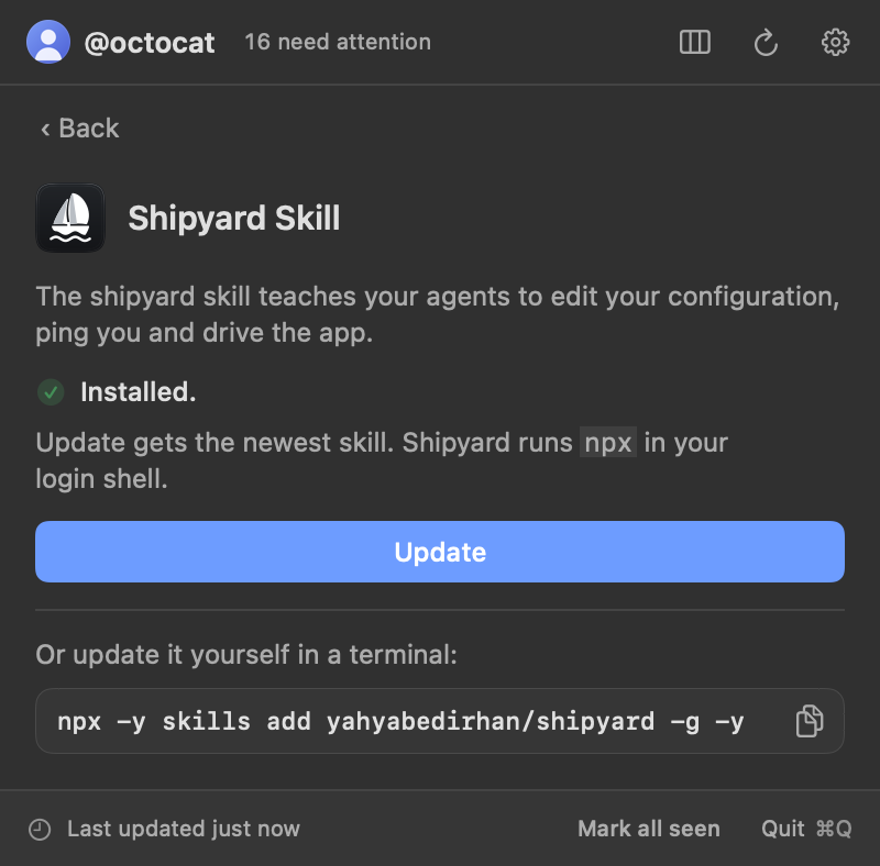 The Set up /shipyard skill view, with the skill installed.